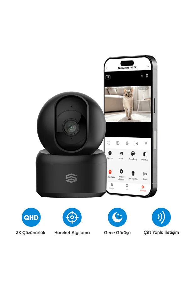 Akıllı 360° Kamera Wi-fi, 1620p 3k Ultra Görüntü Kalitesi, Gece Görüş, Ses Gönderme Ve Alma